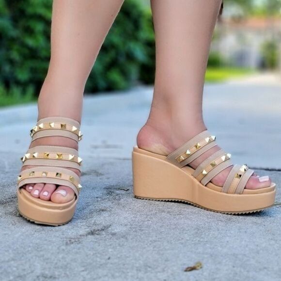Shoes - Nude Slip On Studded Wedge Open Toe Sandals Women’s